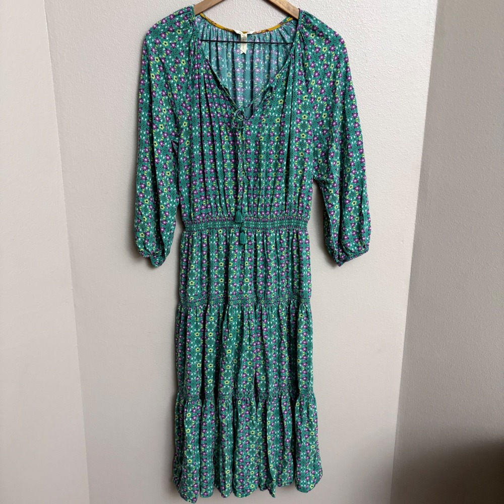 Matilda Jane Tiered Midi Dress M Teal Floral Age of Aquarius Boho Peasant Tassel